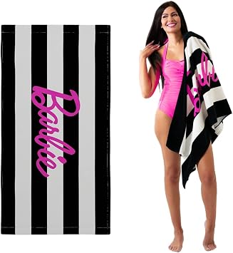 Barbie Barbiecore Black & White Striped Soft Cotton Bath/Pool/Beach Towel, 60 in x 30 in, Official Licensed Barbie Product By Franco
