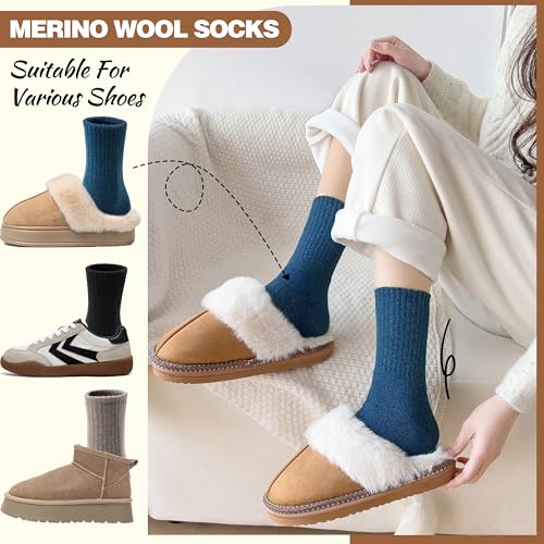 Image of EBMORE 5 Pairs Women Merino Wool Boot Socks Warm Thermal Winter Thick Hiking Cozy Cabin Crew Comfy Socks for Ladies
