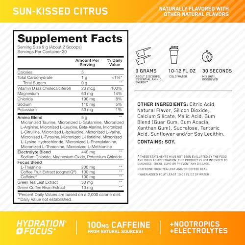 Optimum Nutrition Amino Energy Powder Plus Focus, Sunkissed Citrus, 9.5 Oz - image 3