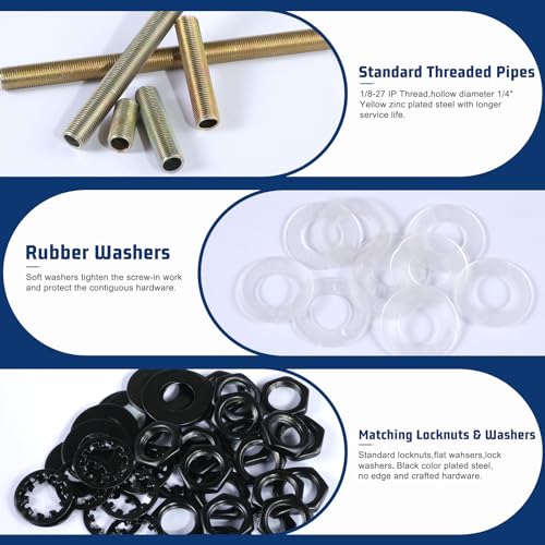 Image of Lamp Repair Hardware Kit-5 Size Thread Lamp Pipe Nipples,20 Lock Nuts,3 Type of Washers,Total 60 Pieces Lamp Repair Hardware Assortment Pack,Perfect for Assembly Lamp and Lamp DIY (Black)