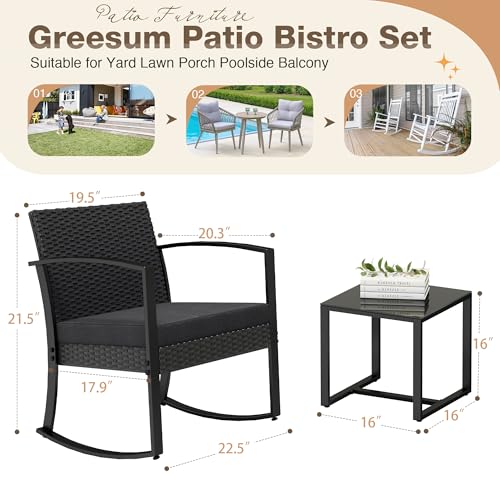 Image of Greesum 3 Pieces Outdoor Furniture Set Patio Bistro Rocking Chairs with Glass Coffee Table for Pool Beach Backyard Balcony Porch Deck Garden, Black
