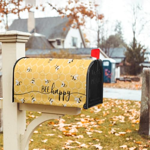 Image of Spring Bee Happy Mailbox Cover Magnetic 21x18 Inch Summer Yellow Honeycomb Decorative Waterproof Mailbox Wrap Farmhouse Letter Post Cover Standard Size for Garden Yard Outside
