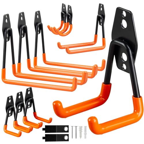 OrgMax 12er Pack Hochleistungs-Garagenhaken für die Aufbewahrung von Wänden – Fahrrädern, Werkzeugorganisatoren, Schuppen und Transporter, Wandhaken aus Stahl für Gartengeräte und Leitern（Orange）