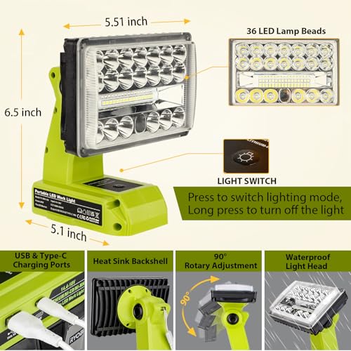 Image of 28W 2000LM Cordless LED Work Light for Ryobi One 18V Battery Portable Flood Lights for Outdoor Indoor Workshop Job Site, Floodlight & Spotlight Modes /Pivoting Head /USB Port(No Battery)
