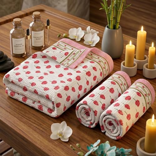 Image of Mafatlal Madhuban Premium Cotton Waffle Set (1 Bath 147x76 cm + 2 Hand 76x38 cm) | 250 GSM | Soft, Absorbent & Hand Printed | Sugar Plum