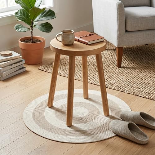 Image of Encasa XO Reversible Round Rug Handwoven Natural Fiber Carpet Braided Area Rug | Neutral Boho Rug for Living Room, Bedroom, Nursery | Washable Area Rug Two Tone | Beige & Off-White (60 cm) | 2 Ft