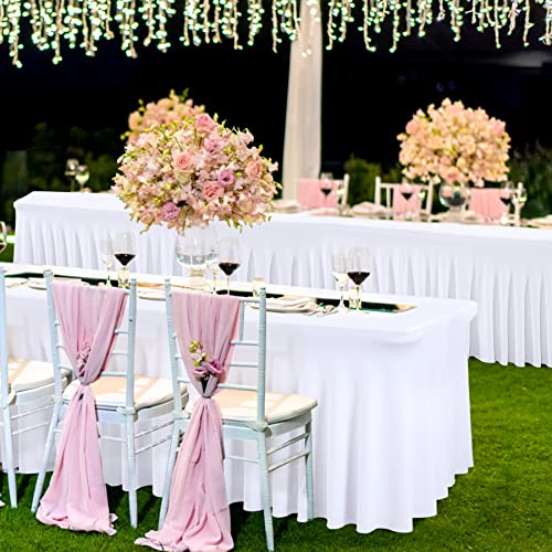 Image of Besutolife White Tablecloths for Rectangle Tables 8ft Spandex Table Skirt One-Piece Wrinkle-Resistant Ruffles Design for Banquets Parties Wedding Dining Table