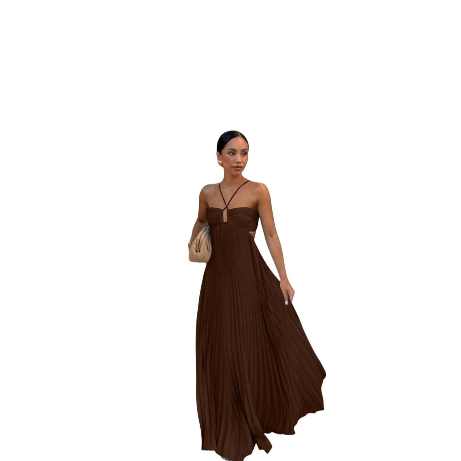 Vestito Donna Piegato Halter Maxi Abito Senza Maniche Schienale Pizzo Fino Elegante Estate Matrimonio Ospite Festa Lungo