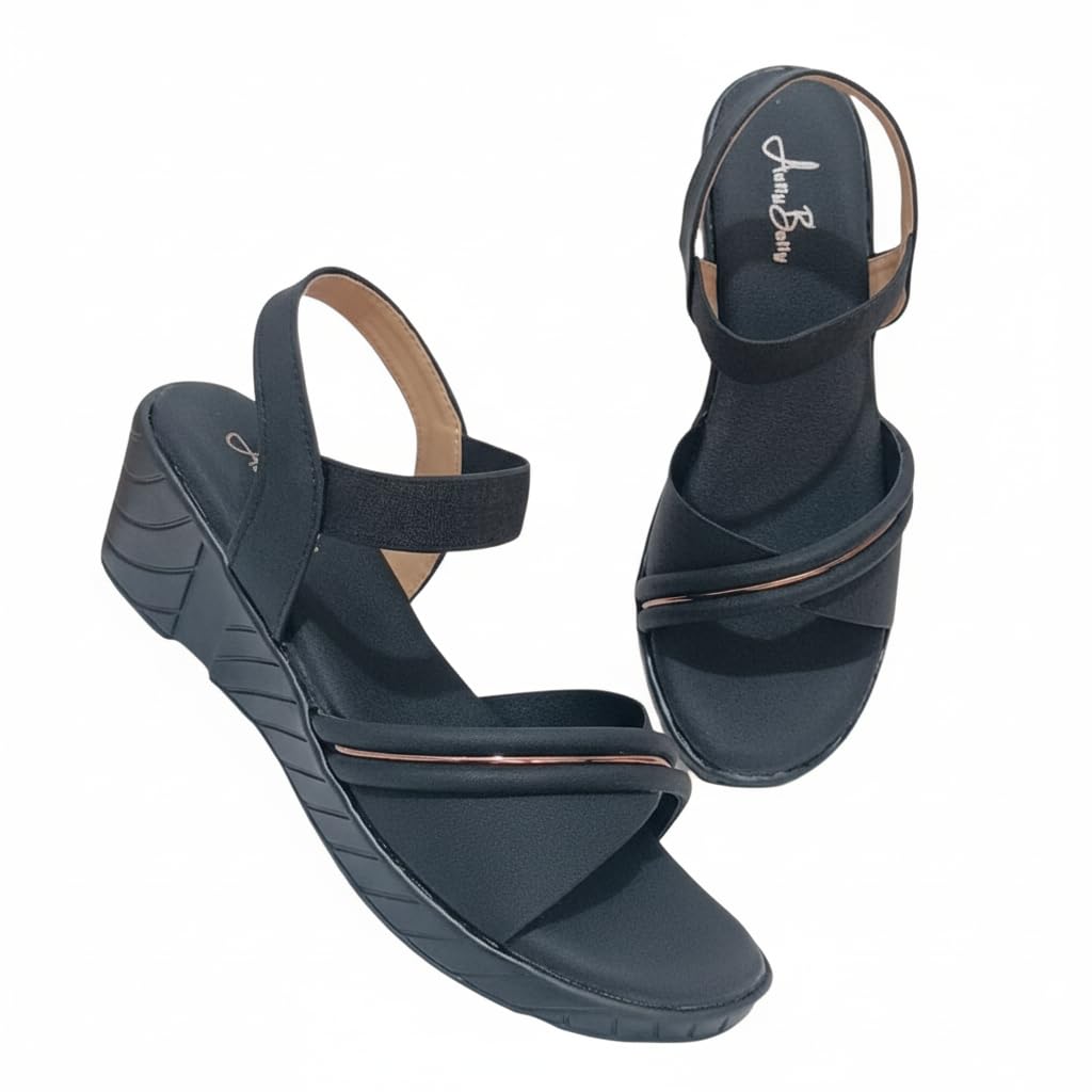 Women's Comfort Sandals with Elastic Strap, Black, Nude, Beige, Peach, Bronz, Red, with Metallic Trim Stylish Fashion Sandal, Casual Platform Wedges Heels Sandals For Womens & Girls Ideal for Casual Party Office and Formal Wear-image-13