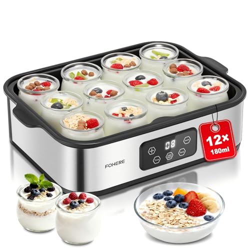 FOHERE Yogurtera con 12 x 180 ml Vasos y Tapas, 25 W Máquina de Yogur Griega, LCD Pantalla de un...