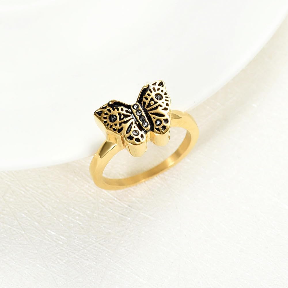 Cremation Rings for Ashes Gold Butterfly Urn Memorial Finger Ring 316L Stainless Steel Keepsake Jewelry Gift for Women Girls-8-Gold