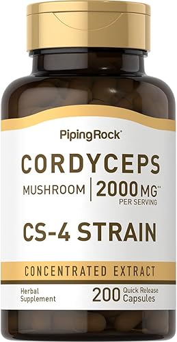 Piping Rock Cordyceps - Cápsulas de hongos de 2000 mg | 200 unidades | cepa CS-4 | Extracto concentrado | Suplemento de hierbas | Sin OMG, sin gluten