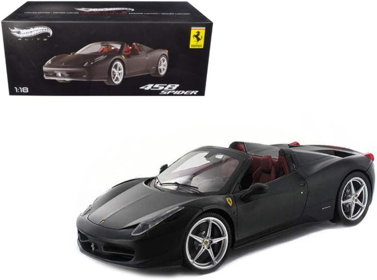Hot Wheels Ferrari 458 Italia Spider Matt Black Elite Edition 1/18 Diecast Car Model in its box and out of the box