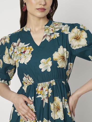 Image of PIDAVLIYA'S Women's Floral Summer Maxi Dress I Cotton Printed I One Piece Bodycon Midi Dress with V-Neck, Puffed Sleeves