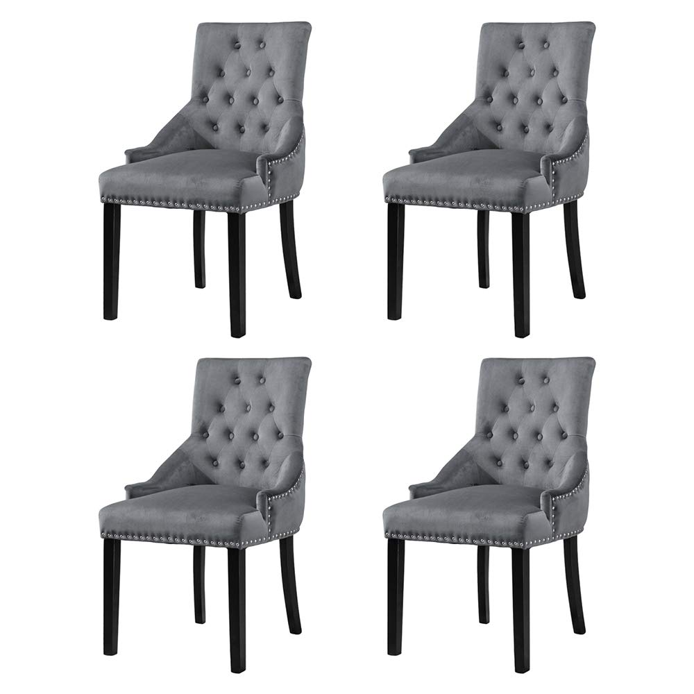 Modern Set of 4 Occasional Grey Tufted Dining Chairs with Arms Back Studded Knocker Accent Velvet Upholstered Kitchen Chairs with Armrest for Restaurant Bedroom Living Room Soft Side Chairs