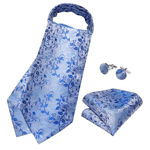 Image of DiBanGu Mens Silk Ascot Ties Paisley Jacquard Woven Cravat and Pocket Square Cufflinks with Lapel Pin for Business Wedding