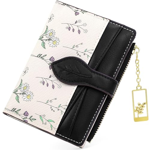 Image of Farcauo Cute Black Minimalist Flower Wallet for Women Small Kawaii Coin Purse with ID Window Lightweight and Stylish Design Compact Cash Wallet for Ladies