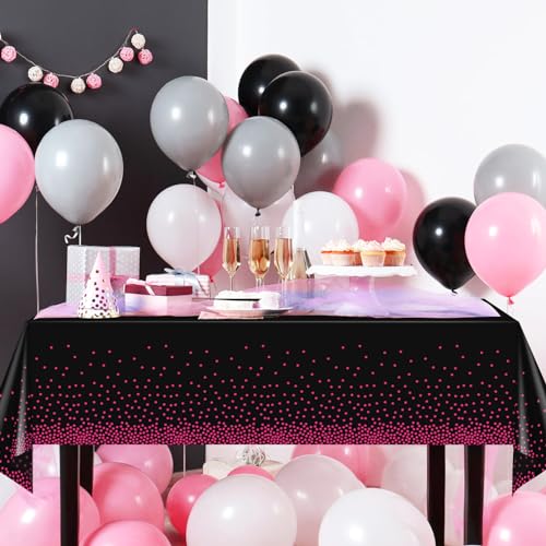Image of 6 Pack Hot Pink and Black Plastic Tablecloth, Disposable Table Cloth for Rectangle Tables, Hot Pink Stamping Dot Black Tablecloth for Bachelorette Birthday Wedding Party Decorations, 54 inchx108 inch