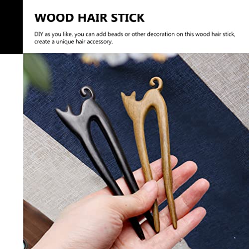 Wooden Cat Hair Stick Antique Chinese Hair Chopsticks Buns Fork Hanfu Cosplay Pin Cheongsam Headdress for Bride Ladies Women Girls Brown - Image 4