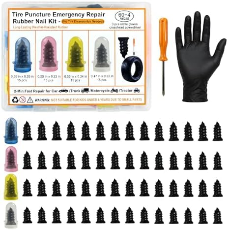 64 PCS Tire Repair Screws Rubber Nail Kit, 4 Sizes Screw in Tire Plugs