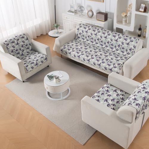 Image of HOKIPO Lavender Vine Quilted Sofa Cover 5 Seater Set - Washable 3+1+1 Sofa Cover for Seat & Back with Tassel Design | 'Tassel Twigs' Series (IN-991-T1 + IN-989-T1)