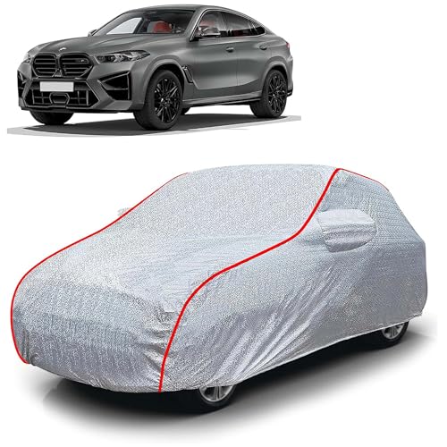 Image of Sulfar 100% Waterproof Car Body Cover Compatible with Mirror for BMW X6M (Triple Stitched, Full Bottom Elastic, Magic Silver with Red Piping)