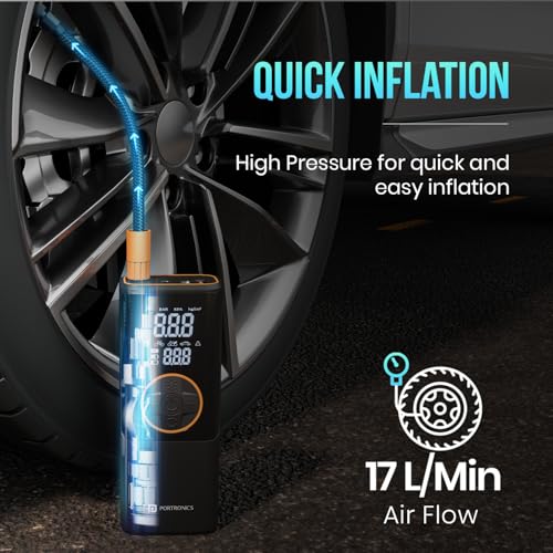 Image of Portronics Vayu 4.0 Tyre Inflator with 2-in-1 Rechargeable & Corded Power, Preset Inflation Modes, Digital Display, Flashlight Torch, Auto Shut-Off, Air Pump Compressor for Car & Bike (Black)