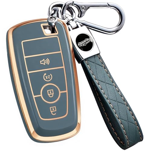Key Fob Cover for Ford - Premium Soft TPU Shell Full Protection Case with Keychain Fits Bronco Sport Maverick Ranger Explorer Expedition Escape Edge Mustang F150 F250 F350 Fusion Gray 4-Button