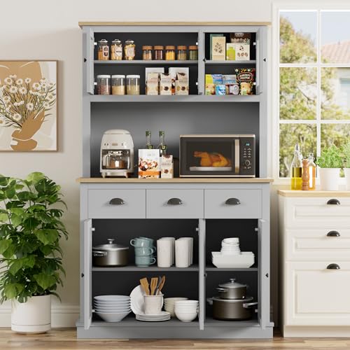Image of 71 inch Kitchen Hutch with Charging Station Grey
