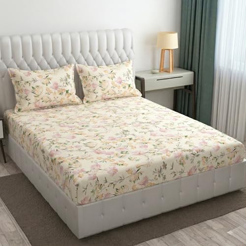 Image of Cotton Bolls Textiles Glace Cotton Flat Bedsheet 90x90 Inch with 2 Pillow Covers - Soft Breathable Glace Cotton, Printed Bedding Set for Double Bed