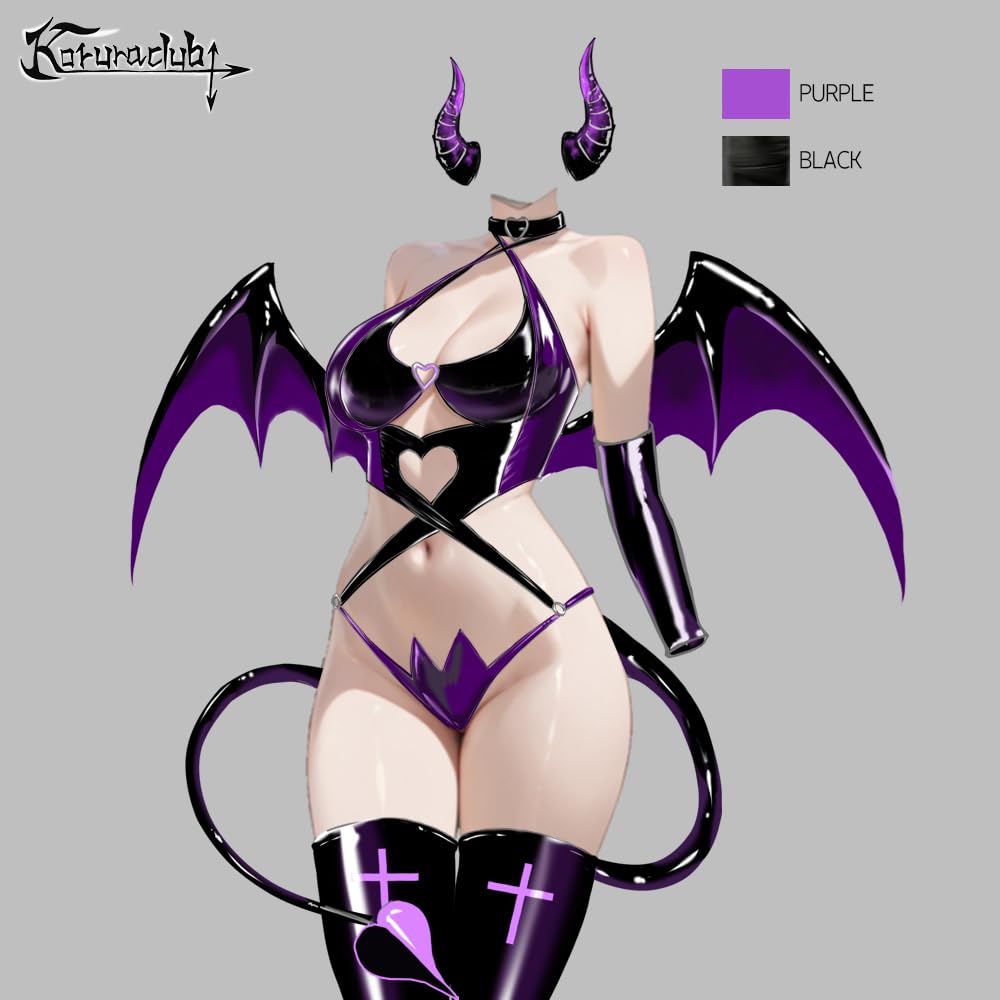 KORURACLUB Succubus costume premium pu cosplay lingerie for women wing devil lingerie: Purple X-Large