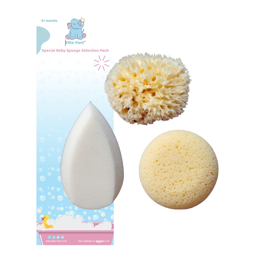 Ellie-Fant Baby Bath Sponges - Pack of 3 Includes Natural Sea, Round and Teardrop Sponge | Soft Safe Delicate and Truly Absorbent Sponges for Newborn Baby Toddler Bathing