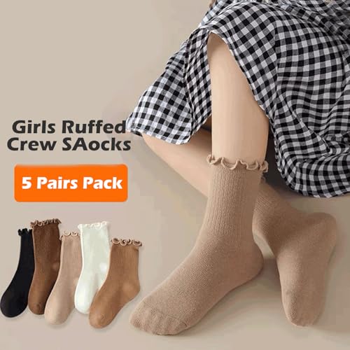 Socks for Girls Mid-Calf Ruffed Crew Socks Ribbed Cuffs Solid Classical Fashion Casual Socks Girls 5 Pairs2