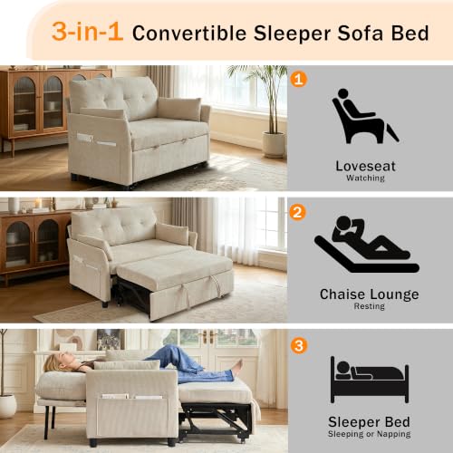 Image of 51.18'' 3-in-1 Convertible Sofa Bed, Pull Out Couch with 5-Position Adjustable Backrest and Side Pockets Sleeper Sofa for Living Room, Apartment, Easy Assembly