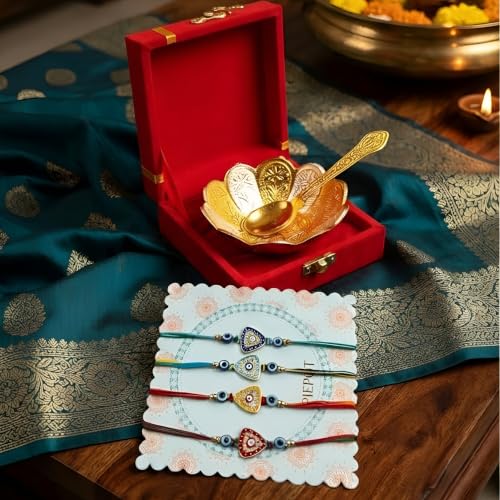 Image of Premium Rakhi Gift Set, Gold Plated German Silver Bowl Spoon, Designer Rakhi for Brother, Raksha Bandhan Festive Gift Box 4 Rakhi Set for Brother with gift