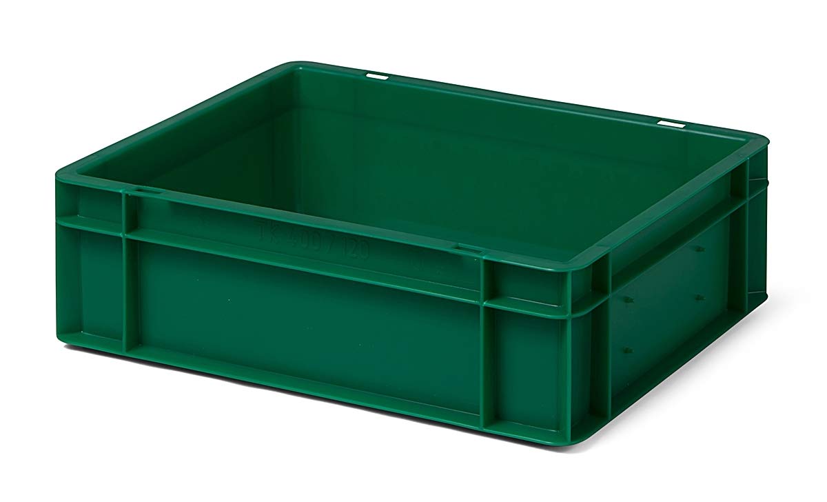 1a-TopStore 4 Stk. Transport-Stapelkasten TK412-0, grün, 400x300x120 mm (LxBxH), aus PP, Volumen: 10 Liter, Traglast: 30 kg, lebensmittelecht, made in Germany, Industriequalität