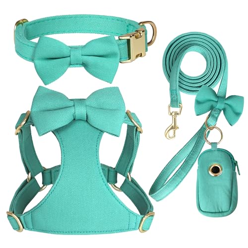 Beirui Adorable Small Dog Harness Collar and Leash Set,Cute Puppy Harness Set with 3 Bows for Small Dogs,Shih Tzu,Dachshund,Adjustable Step-in Vest for Daily Walking,Parties&Holiday Outfits(Teal,S)