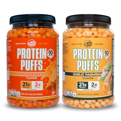 Twin Peaks Low Carb, Keto Friendly Protein Puffs, 1 Jug Garlic Parmesan Flavor Puffs + 1 Jug Nacho Cheese Flavor Puffs
