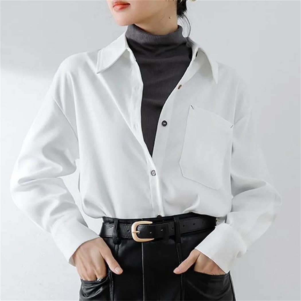Camisa de manga larga para mujer, cuello vuelto, blusa con bolsillo, para oficina, informal, holgada