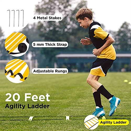 Goalin Speed & Agility Training Set - Set Of Premium Agility Ladder, 20 Disc Cones, Running Parachute, Jump Rope, Resistance Bands, Drill Manual - Football, Soccer, Basketball, Training Athletes #TOP2