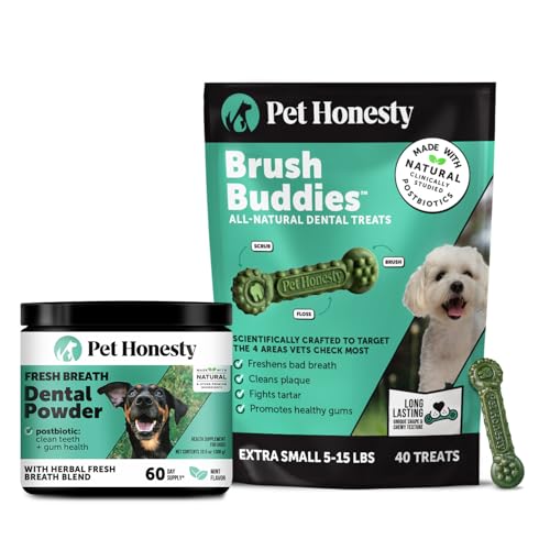 Image of Pet Honesty Dog Dental Care Virtual Bundle - Breath Freshener Dental Powder for Large Dogs (60 Servings) + Brush Buddies Dental Sticks for Extra Small Dogs (40 Ct) - Teeth Cleaning, Plaque Support