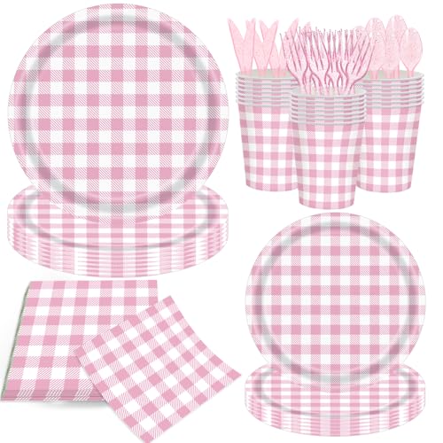 140Pcs Gingham Party Supplies for 20 Guests Thick Paper Plates and Napkins Knives Spoons Forks Cups Disposable Party Set Cutlery for Dinner Baby Shower Wedding Favor (Pink)