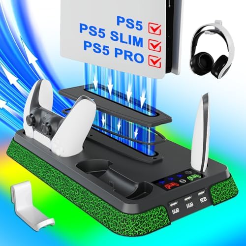 PS5/Slim/Pro Stand and Cooling Station with RGB Controller Charging Station for PlayStation 5 Console, PS5 Controller Charger, PS5 Cooling Stand, PS5/Slim/Pro Accessories Kit with 3 Level Cooler Fan : Video Games