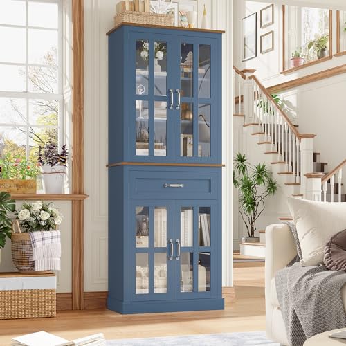 FOTOSOK 71" Kitchen Cabinet with Glass Doors & Drawer