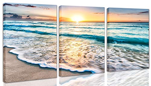 Haoyumai Wall-Art Home Decoration Sunset Blue Beach Framed Canvas Modern Wall-Decor For Living Room Bedroom Bathrooms Oil Painting