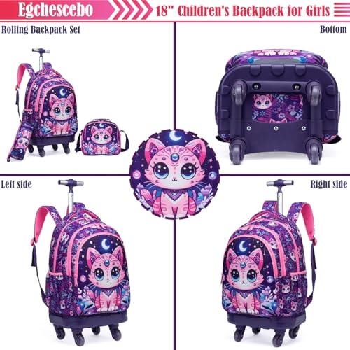 Egchescebo Kids Rolling Backpack for Girls Cats Suitcases Trolley Roller Luggage Backpacks with 360° Rotating Wheels 15" Laptop Lunch Box Pencil Case for Elementary 18" Travel School Bag Purple3
