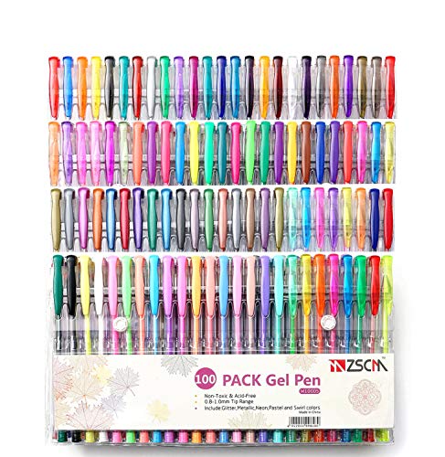 ZSCM 100 Unique Colors Gel Pens Set With Case for Adult Coloring Books