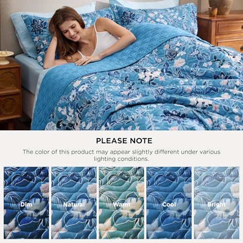 Image of Bedsure Floral Quilts King Size, Reversible Blue Floral Comforter Bedding