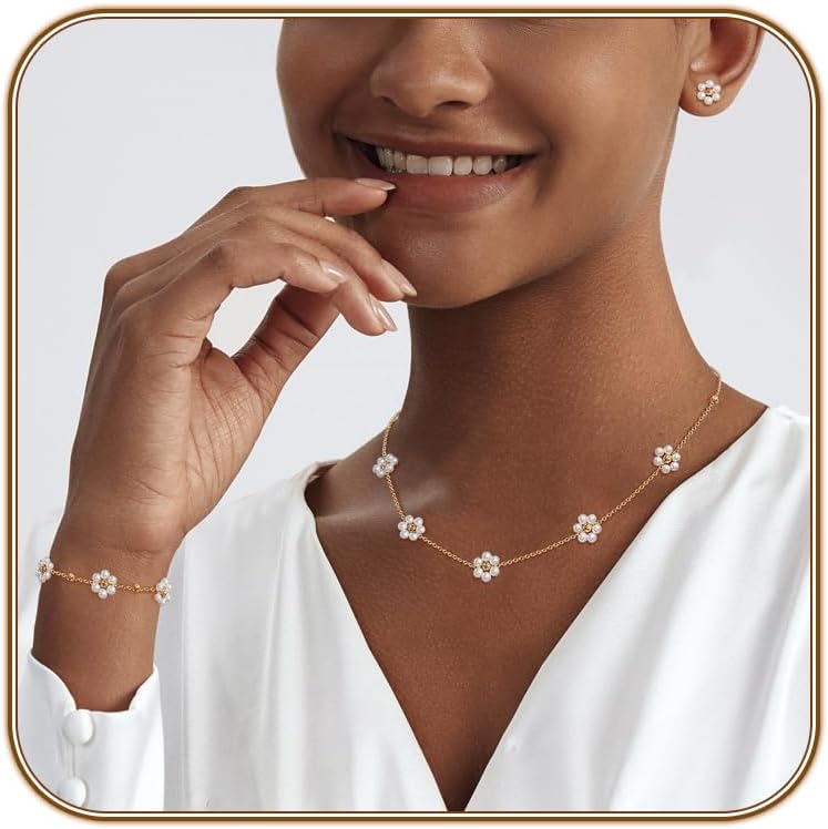 Gold Jewelry Set Women Dainty 14K Pearl Necklace Earrings Bracelets