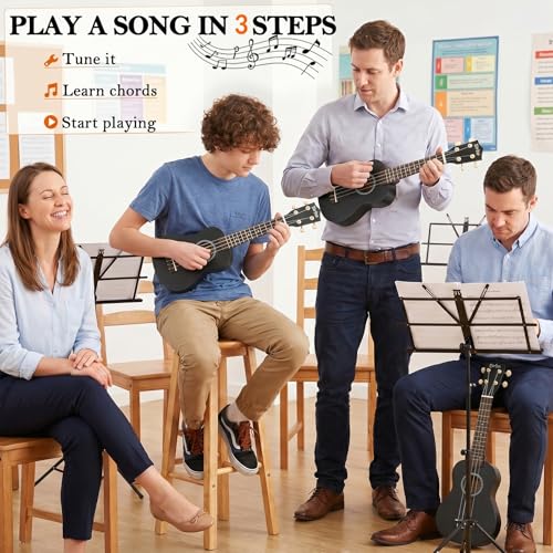 Image of Everjoys Soprano Ukulele Beginner Kit 21 Inch w /Free Online Lesson Gig Bag Tuner Picks Strap, Fast to Learn (Black)
